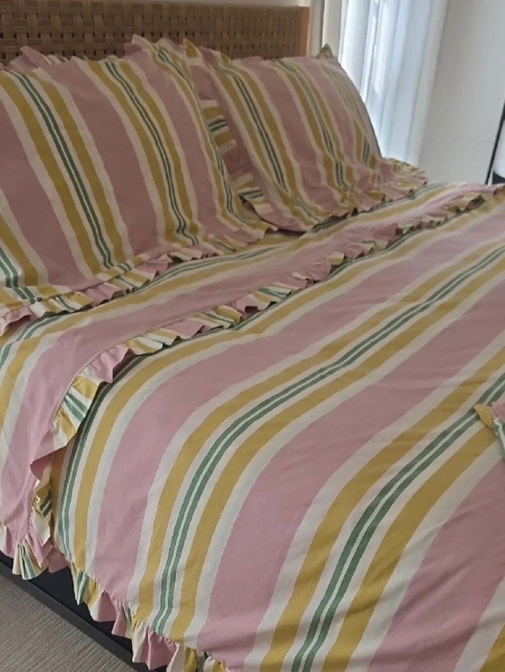 Anthropologie King stripe Ruffle Duvet Cover & Shams in Pink, Green & Mustard